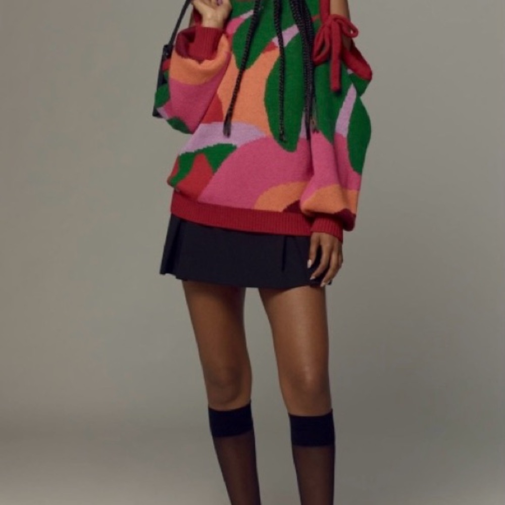 Farm Rio x Anthropologie Cold Shoulder Crew Sweater Multicolor Knit Womens XS - Picture 4 of 5